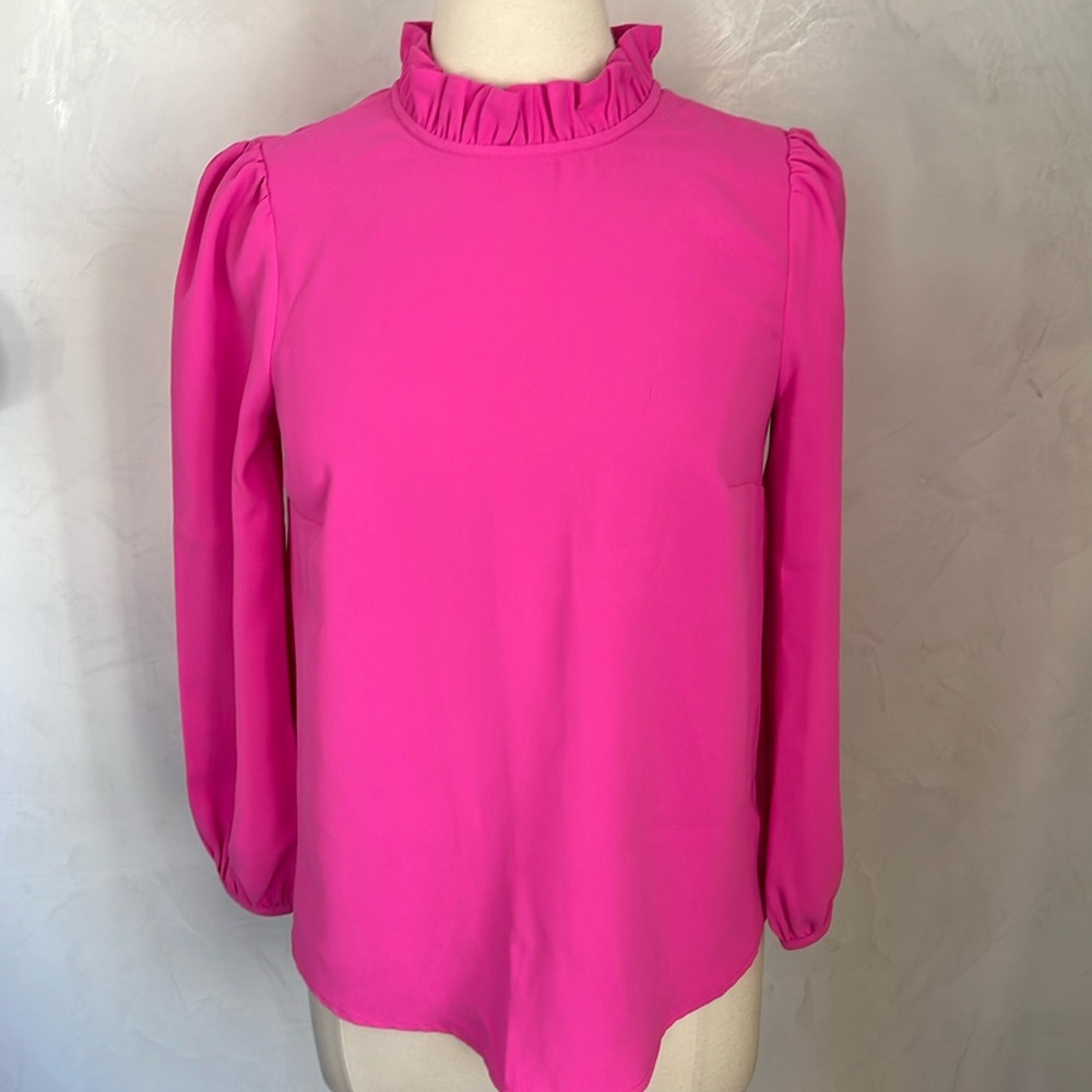 J. Crew Pink long Sleeve Ruffle neck Top w/slight ballon sleeves Size XS